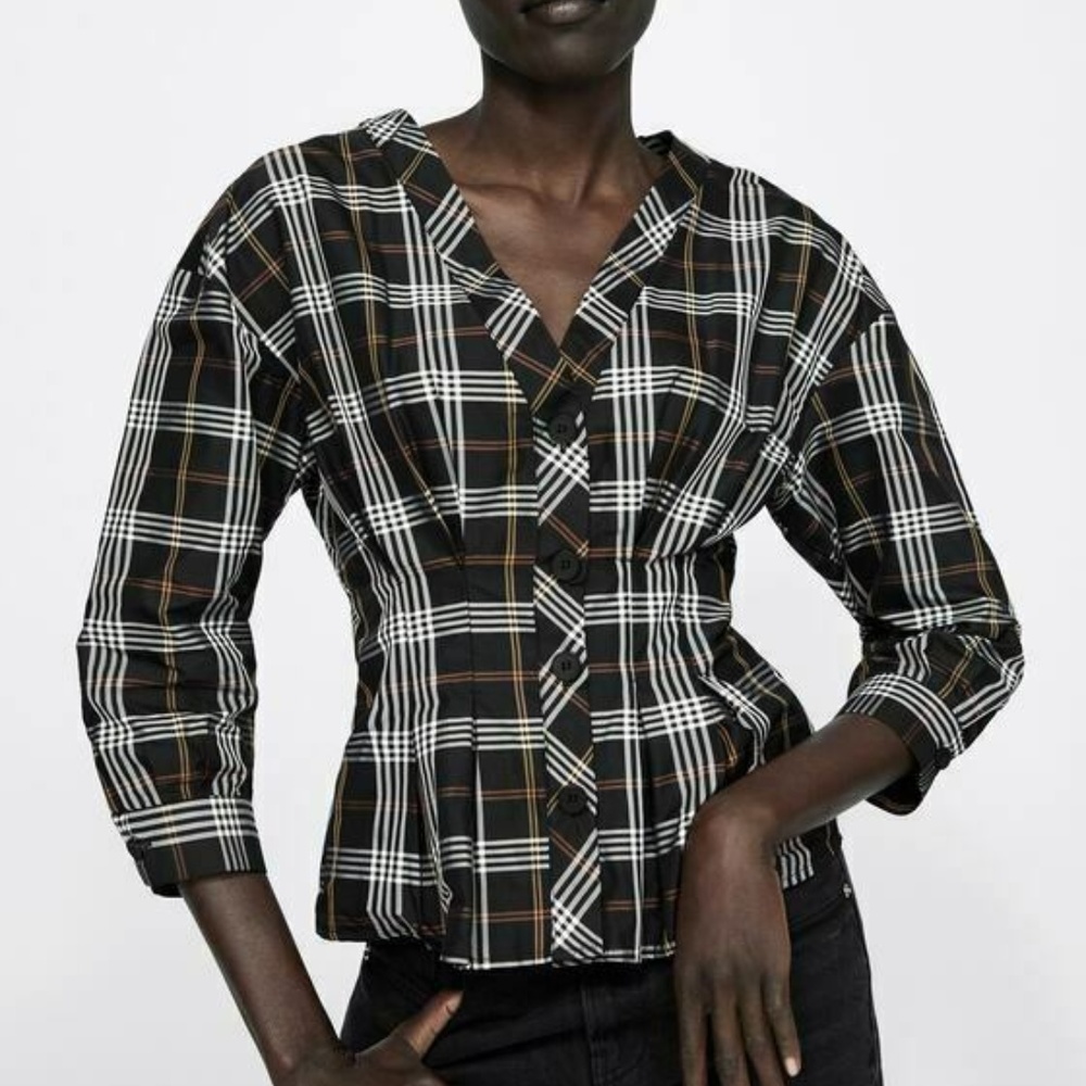 ZARA PLAID PEPLIM V-NECK BLOUSE TOP 3/4 SLEEVES